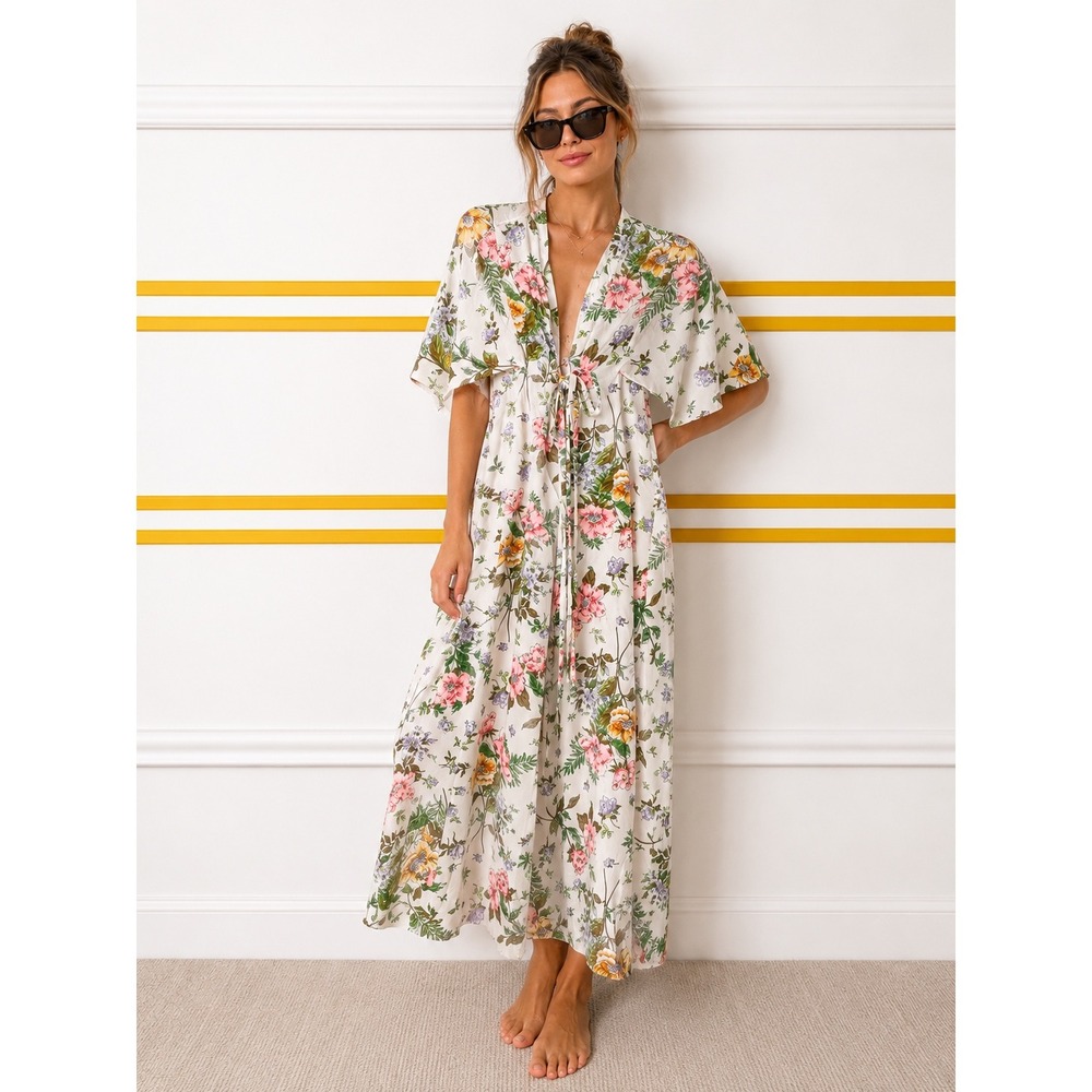 Vintage Floral Maxi kaftan - Palm Royale -  Floral Print 1960s authentic -